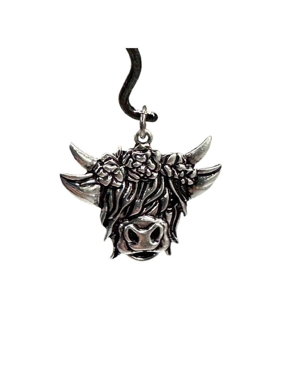 Silver Cow Charm Pendant With Flowers in Hair Country Farm Costume Jewelry NWT